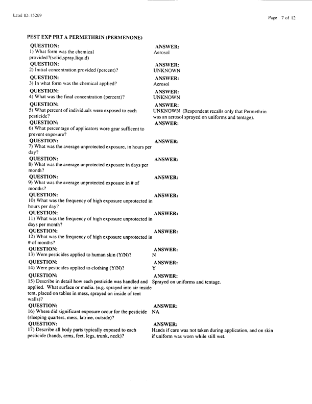   Lead Sheet #15269, Interview with 1st Marine Expeditionary Force preventive medicine technician, March 30, 1998; 