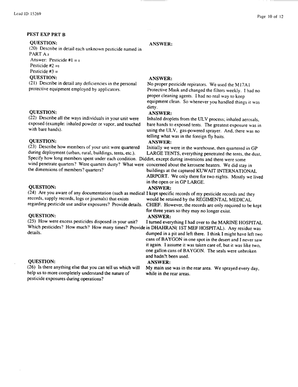   Lead Sheet #15269, Interview with 1st Marine Expeditionary Force preventive medicine technician, March 30, 1998; 