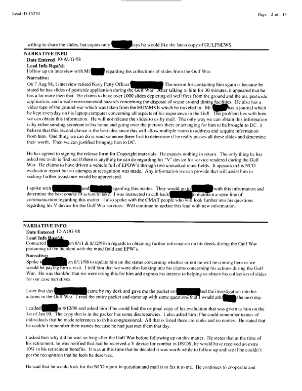   Lead Sheet #15270, Interview with 1st Medical Battalion preventive medicine technician, March 30, 1998.