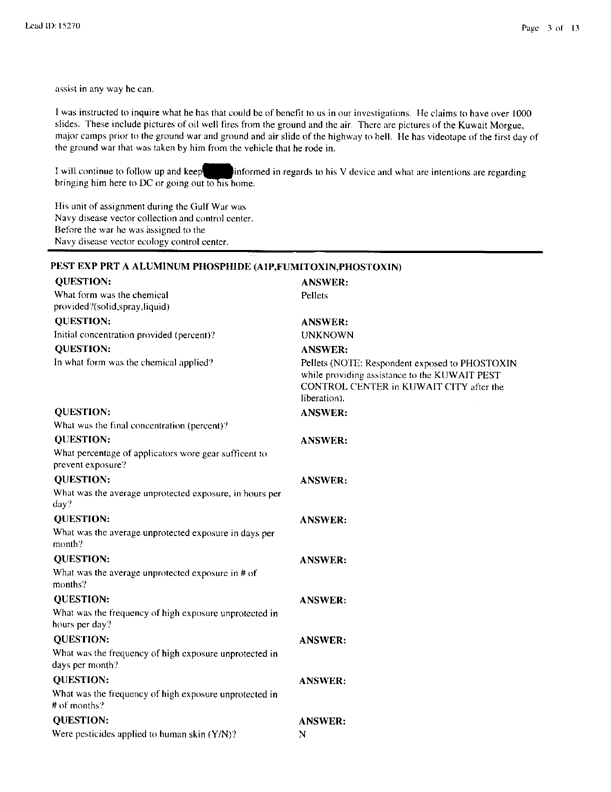   Lead Sheet #15270, Interview with 1st Medical Battalion preventive medicine technician, March 30, 1998.