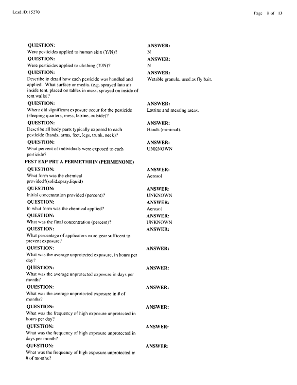   Lead Sheet #15270, Interview with 1st Medical Battalion preventive medicine technician, March 30, 1998.