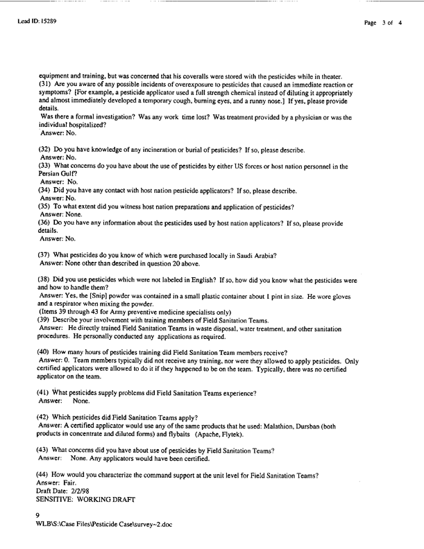 Lead Sheet #15289, Interview with 1st Force Service Support Group preventive medicine technician, March 11, 1998, p. 2
