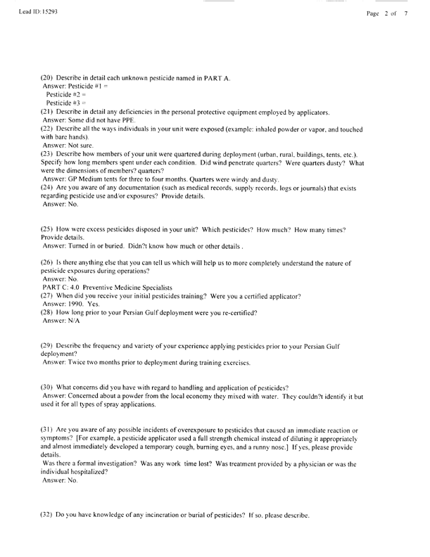 Lead Sheet #15293, Interview with 1st Marine Division preventive medicine technician, March 16, 1998.