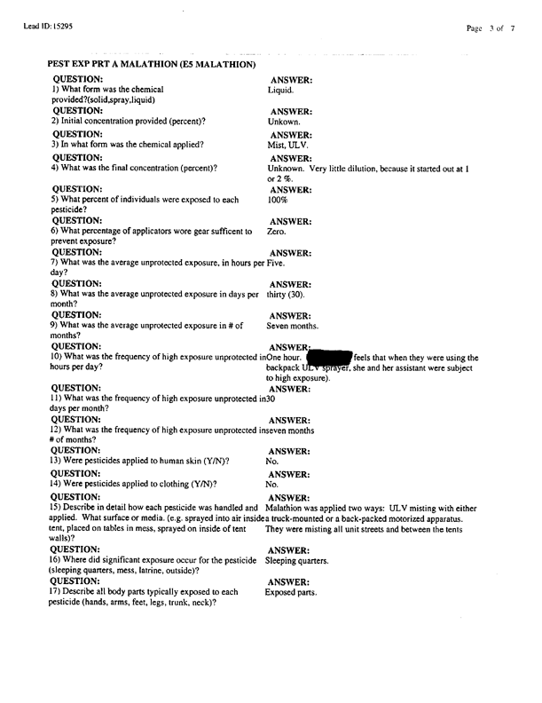Lead Sheet #15295, Interview with 3rd Marine Air Wing preventive medicine technician, July 2, 1998, p. 2.