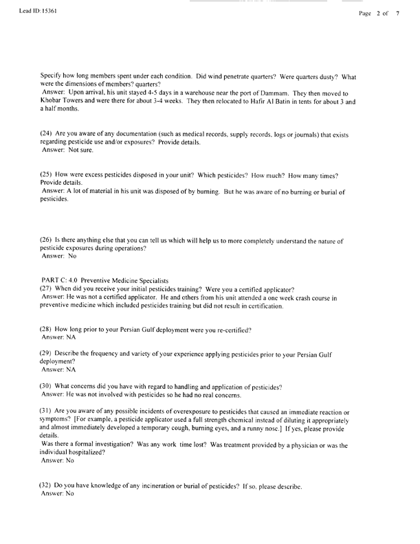   Lead Sheet #15361, Interview with 14th Medical Detachment preventive medicine specialist, March 6, 1998.