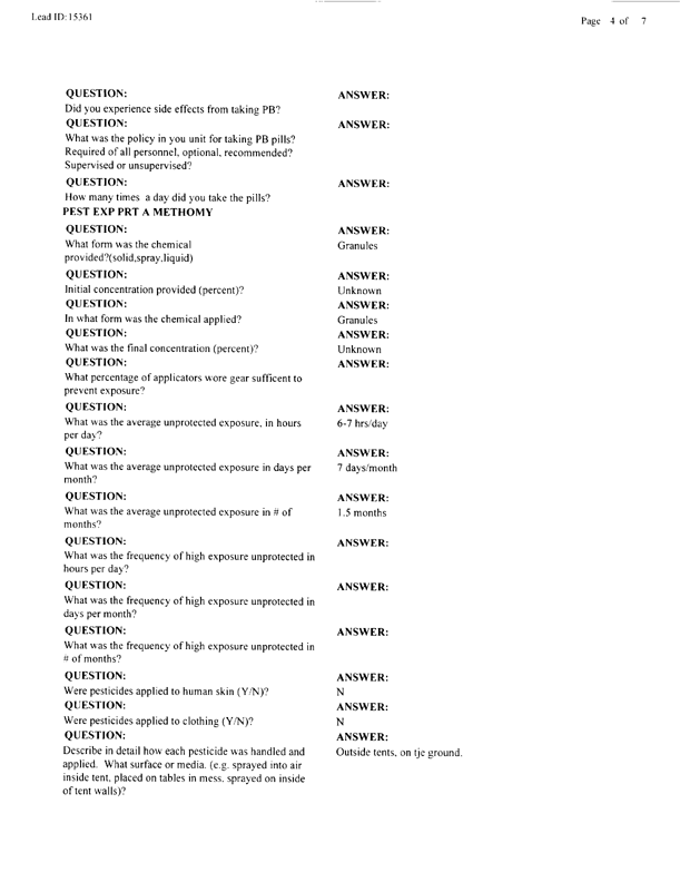   Lead Sheet #15361, Interview with 14th Medical Detachment preventive medicine specialist, March 6, 1998.