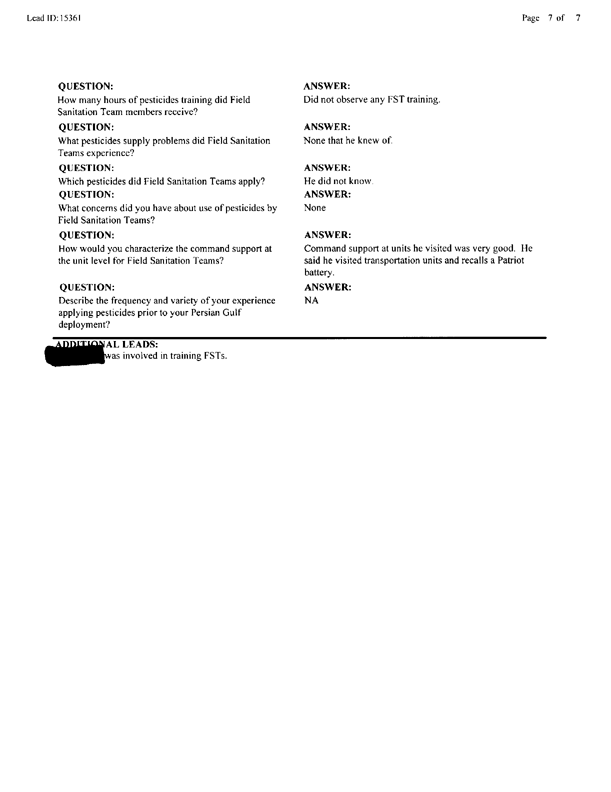   Lead Sheet #15361, Interview with 14th Medical Detachment preventive medicine specialist, March 6, 1998.