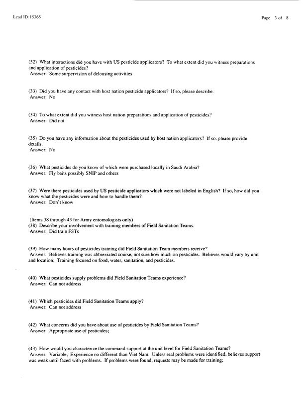   Lead Sheet #15365, Interview with 12th Medical Detachment entomologist, March 9, 1998.