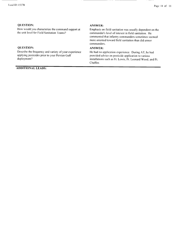   Lead Sheet #15378, Interview with 14th Medical Detachment preventive medicine specialist, March 9, 1998.