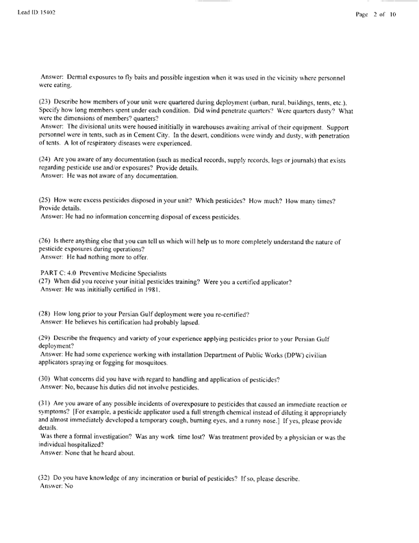   Lead Sheet #15402, Interview with 227th Medical Detachment preventive Medicine NCO, April 20, 1998.