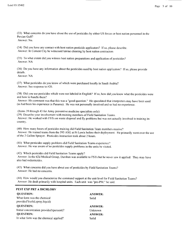   Lead Sheet #15402, Interview with 227th Medical Detachment preventive Medicine NCO, April 20, 1998.