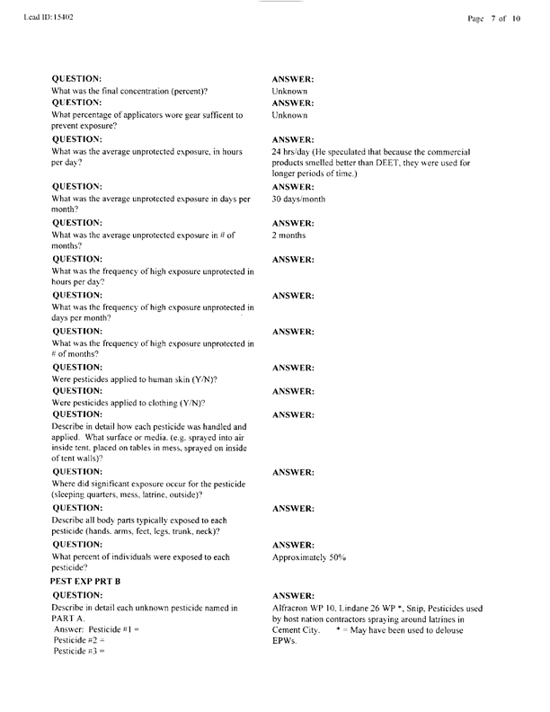   Lead Sheet #15402, Interview with 227th Medical Detachment preventive Medicine NCO, April 20, 1998.