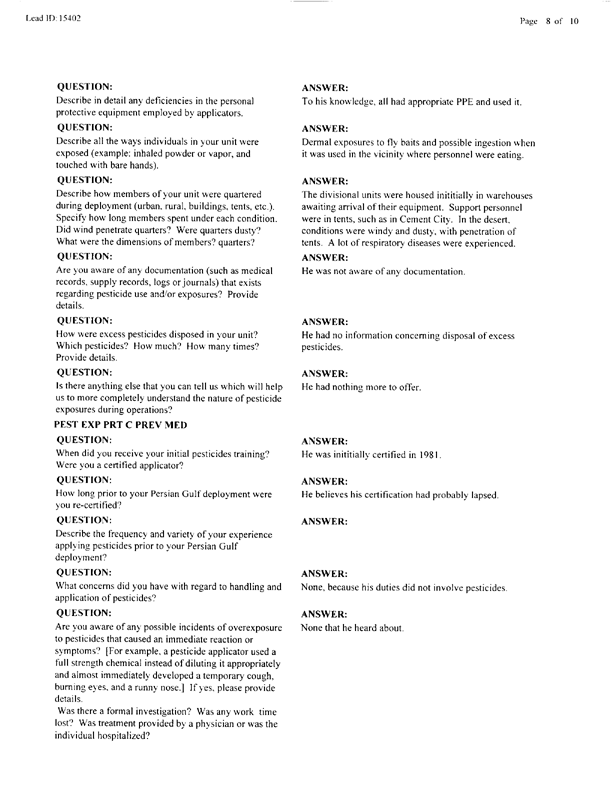  Lead Sheet #15402, Interview with 227th Medical Detachment preventive Medicine NCO, April 20, 1998.