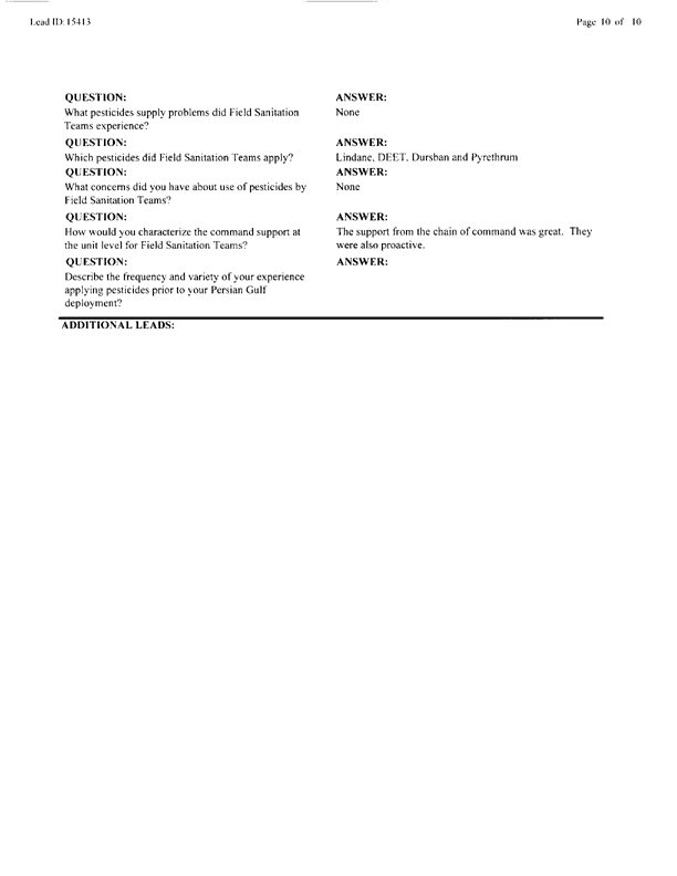   Lead Sheet #15413, Interview with preventive medicine specialist, 105th Medical Detachment, March 10, 1998.