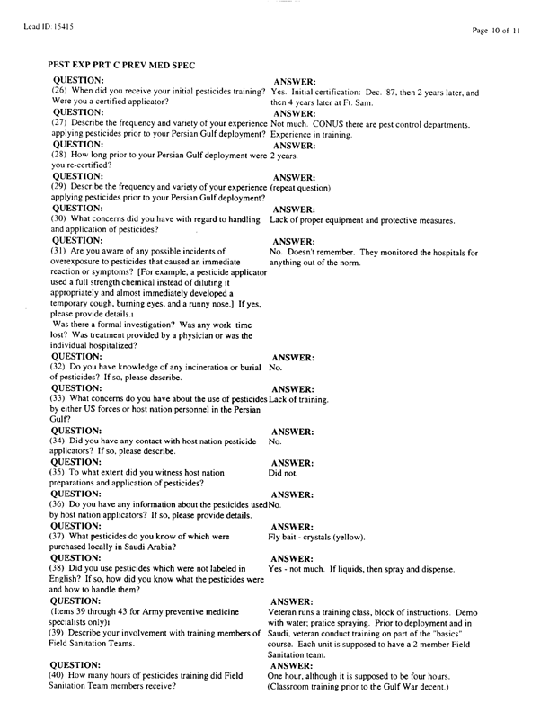   Lead Sheet #15415, Interview with 3rd Armored Division, 122nd Combat Support Battalion, Company F preventive medicine specialist, March 10, 1998.