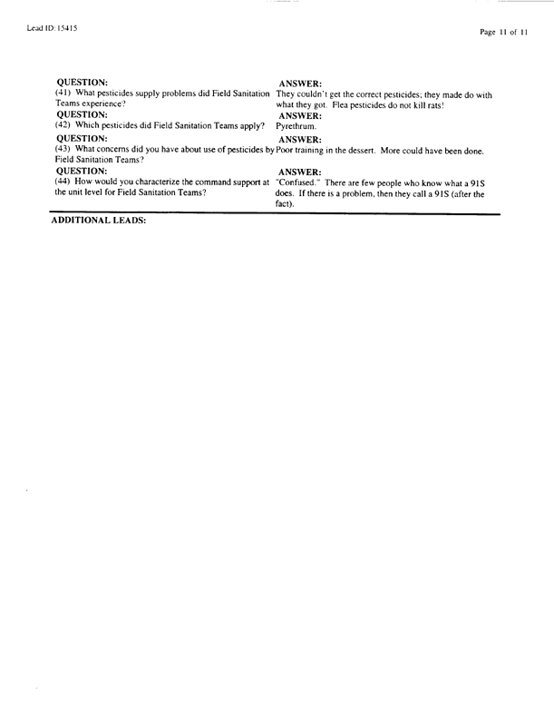   Lead Sheet #15415, Interview with 3rd Armored Division, 122nd Combat Support Battalion, Company F preventive medicine specialist, March 10, 1998.