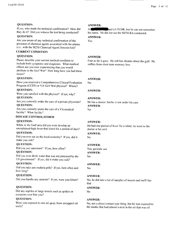   Lead Sheet #15431, Interview with 14th Medical Detachment preventive medicine specialist, June 11, 1998.