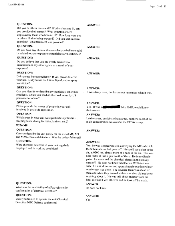  Lead Sheet #15431, Interview with 14th Medical Detachment preventive medicine specialist, June 11, 1998.