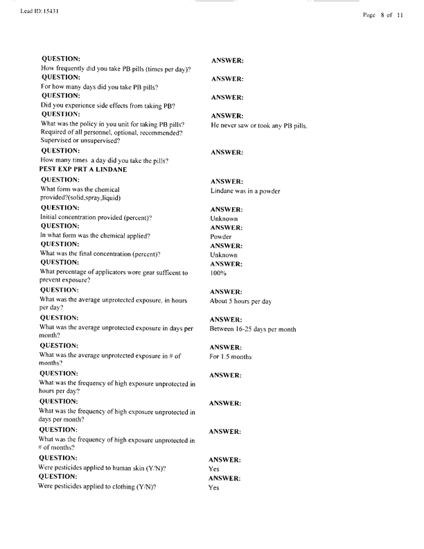   Lead Sheet #15431, Interview with 14th Medical Detachment preventive medicine specialist, June 11, 1998.