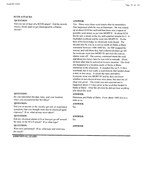   Lead Sheet #15431, Interview with 14th Medical Detachment preventive medicine specialist, June 11, 1998.
