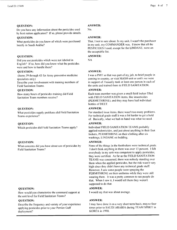   Lead Sheet #15449, Interview with 105th Medical Detachment preventive medicine specialist, June 22, 1998.