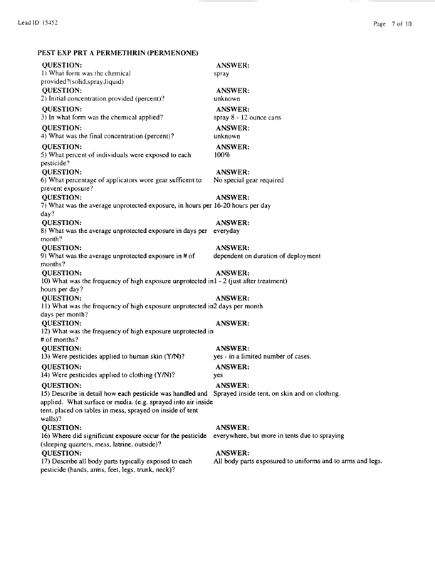   Lead Sheet #15452, Interview with 714th Medical Detachment preventive medicine specialist, March 12, 1998.
