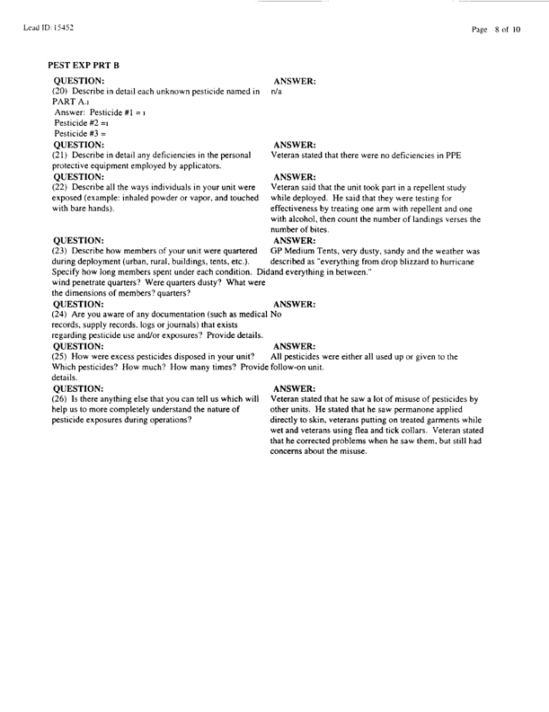   Lead Sheet #15452, Interview with 714th Medical Detachment preventive medicine specialist, March 12, 1998.