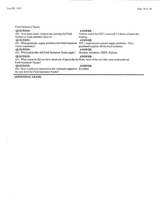   Lead Sheet #15452, Interview with 714th Medical Detachment preventive medicine specialist, March 12, 1998.
