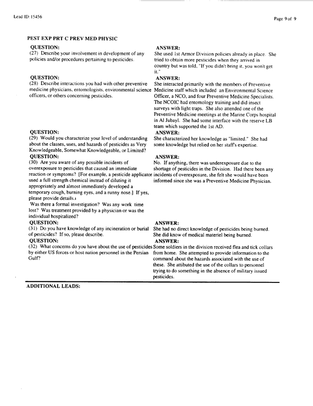   Lead Sheet #15456, Interview with 1st Armored Division, preventive medicine physician, March 13, 1998.