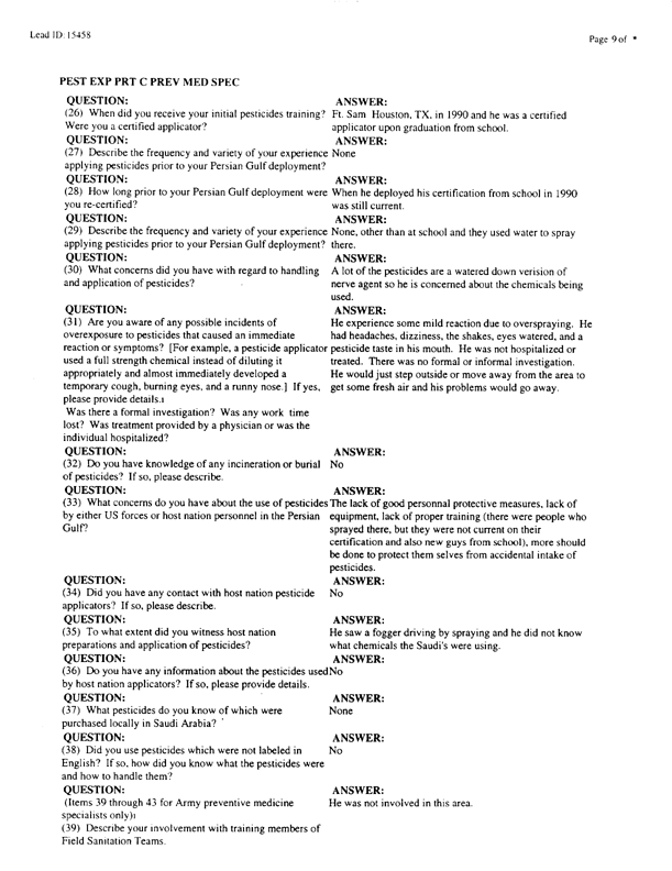   Lead Sheet #15458, Interview with undetermined unit US Army preventive medicine specialist, September 9, 1998.