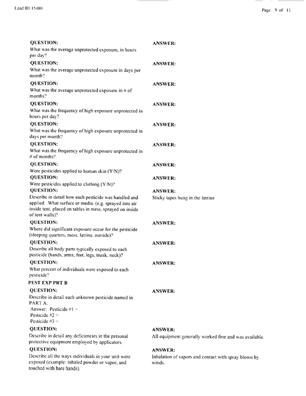   Lead Sheet #15480, Interview with 714th Medical Detachment preventive medicine specialist, March 17, 1998.