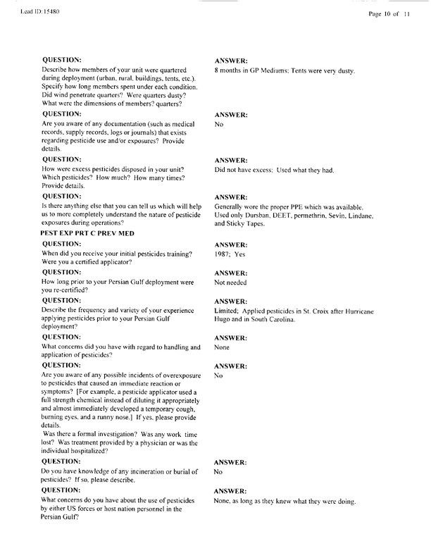   Lead Sheet #15480, Interview with 714th Medical Detachment preventive medicine specialist, March 17, 1998.