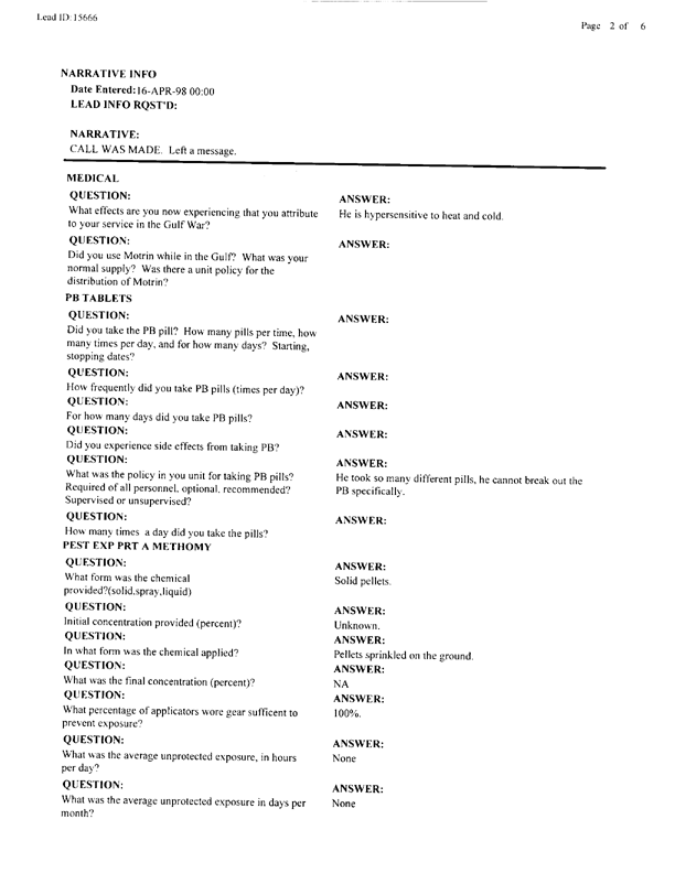   Lead Sheet #15666, Interview with 1st Medical Battalion preventive medicine technician, March 31, 1998.