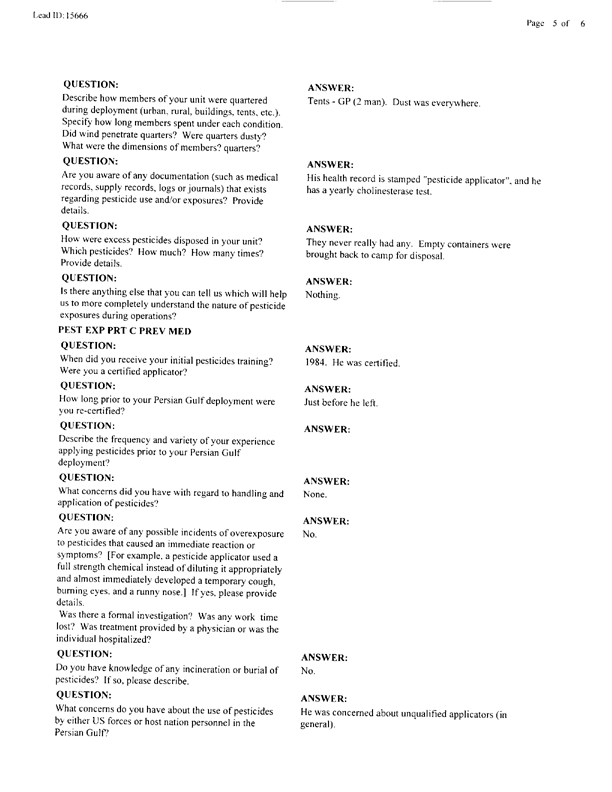   Lead Sheet #15666, Interview with 1st Medical Battalion preventive medicine technician, March 31, 1998.
