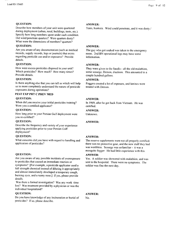   Lead Sheet #15685, Interview with 2nd Medical Battalion preventive medicine technician, June 15, 1998