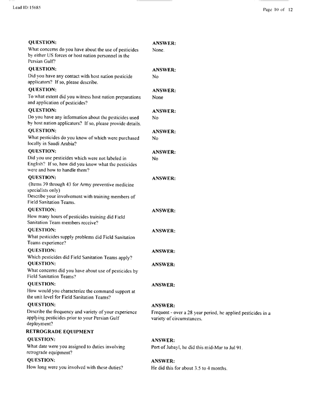   Lead Sheet #15685, Interview with 2nd Medical Battalion preventive medicine technician, June 15, 1998