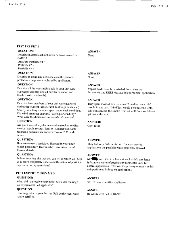   Lead Sheet #15718, Interview with 10th Marine preventive medicine technician, April 15, 1998.