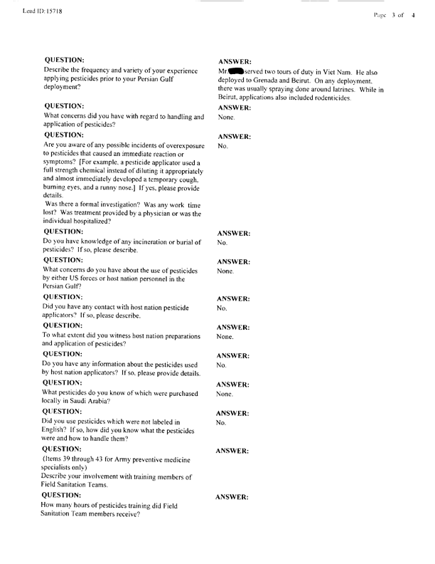   Lead Sheet #15718, Interview with 10th Marine preventive medicine technician, April 15, 1998.