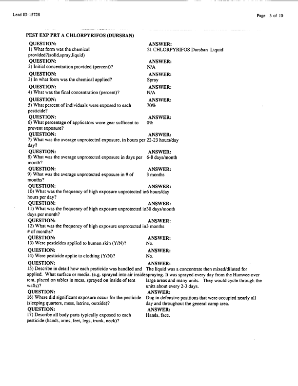   Lead Sheet #15728, Interview with 1st Medical Battalion preventive medicine specialist, April 16, 1998.