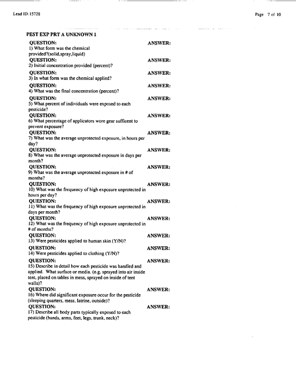   Lead Sheet #15728, Interview with 1st Medical Battalion preventive medicine specialist, April 16, 1998.