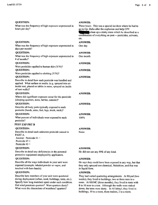   Lead Sheet #15739, Interview with 12th Medical Detachment preventive medicine specialist, August 5, 1998.