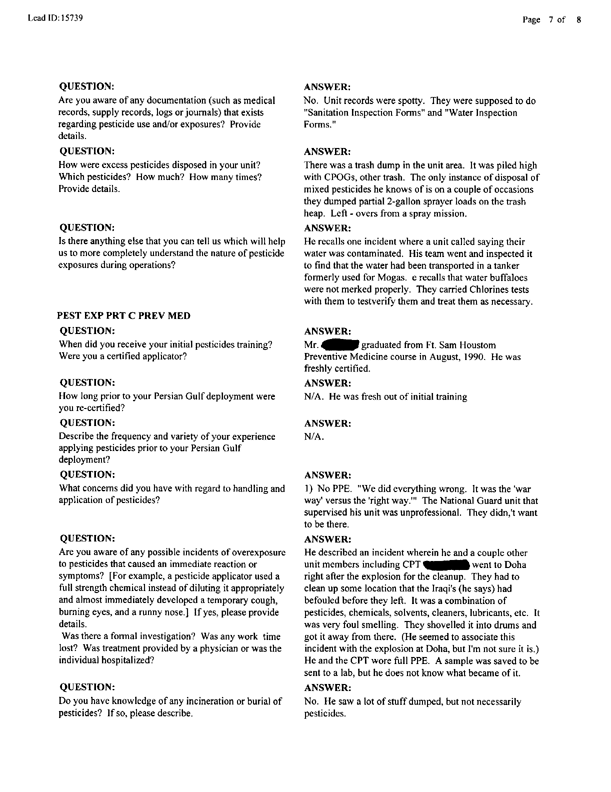   Lead Sheet #15739, Interview with 12th Medical Detachment preventive medicine specialist, August 5, 1998.