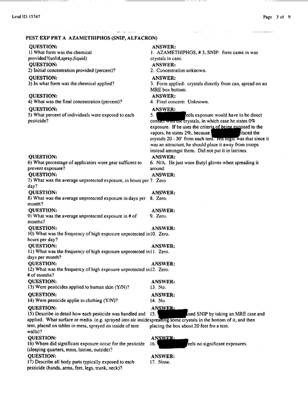   Lead Sheet #15747, Interview with 1st Marine Expeditionary Brigade preventive medicine technician, April 8, 1998.