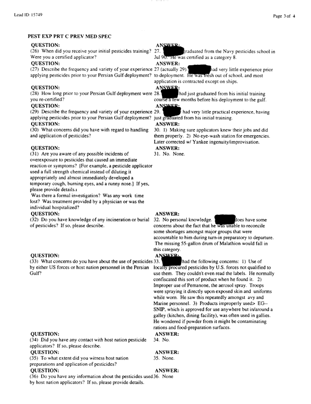   Lead Sheet #15749, Interview with 2nd Medical Battalion preventive medicine technician, April 4, 1998.