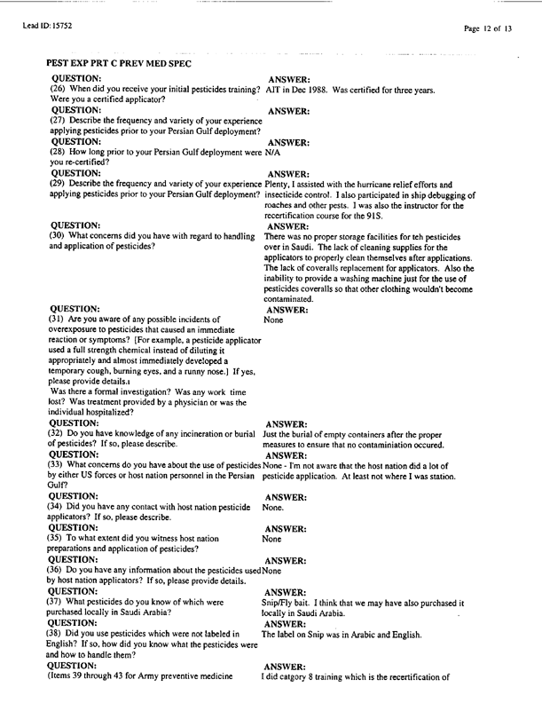 Lead Sheet #15752, Interview with Navy preventive medicine technician, April 1, 1998, p. 11.