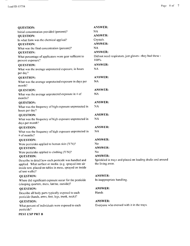   Lead Sheet #15758, Interview with 1st Marine Expeditionary Force preventive medicine technician, April 6, 1998.