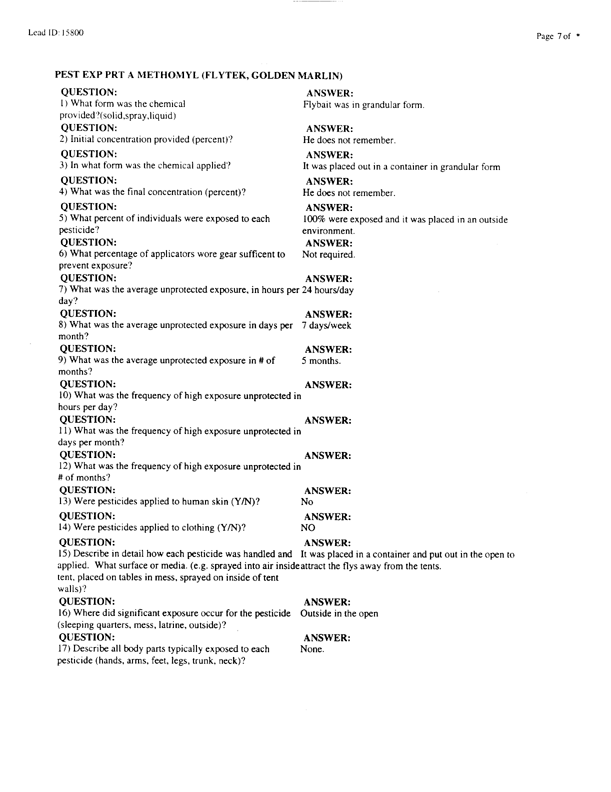   Lead Sheet #15800, Interview with 1st Marine Expeditionary Brigade preventive medicine technician, April 17, 1998.
