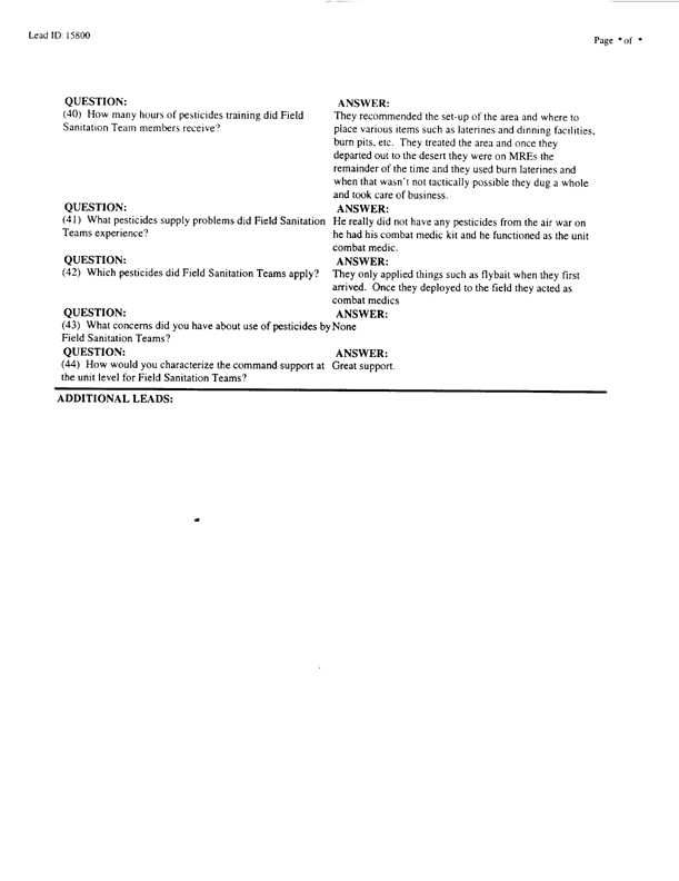   Lead Sheet #15800, Interview with 1st Marine Expeditionary Brigade preventive medicine technician, April 17, 1998.