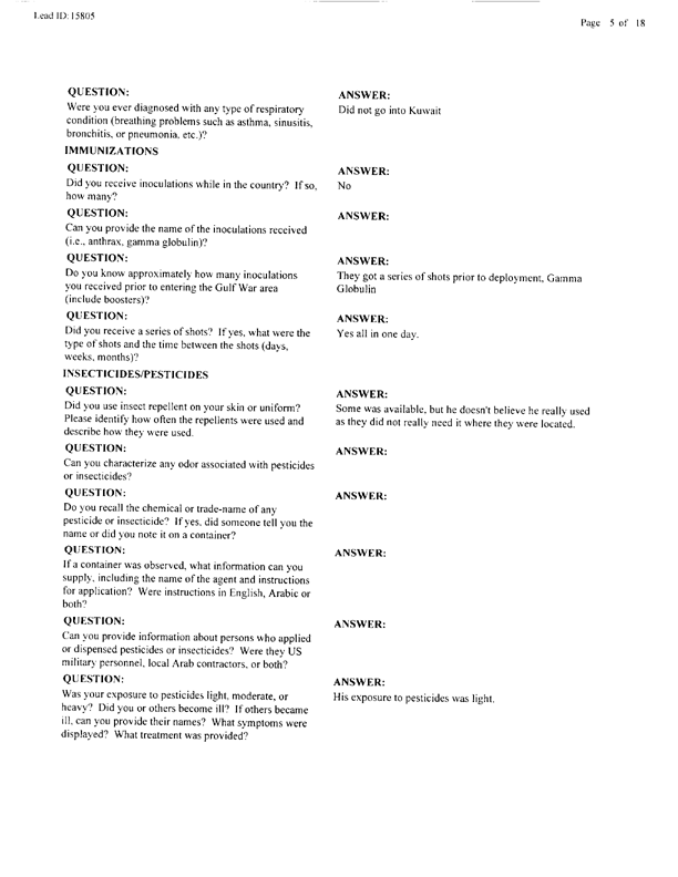   Lead Sheet #15805, Interview with 401st Military Police Camp preventive medicine specialist, April 20, 1998.