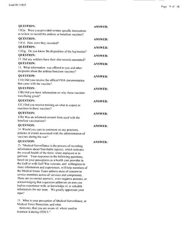   Lead Sheet #15805, Interview with 401st Military Police Camp preventive medicine specialist, April 20, 1998.